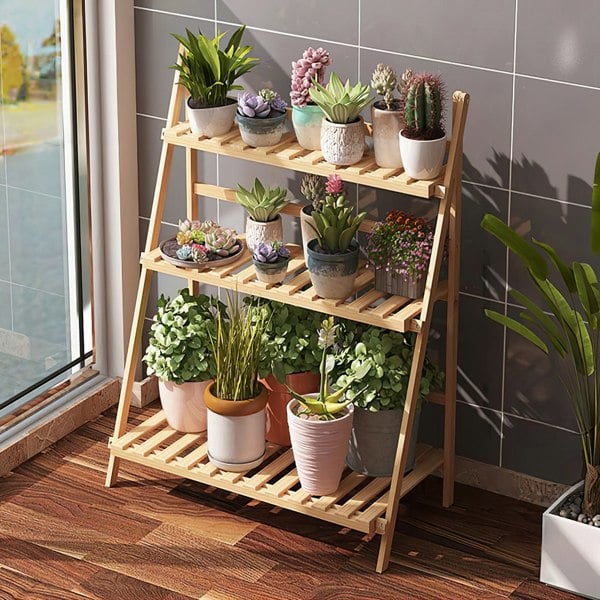 Living and Home 3-Tier Foldable Plant Stand Rack Wooden Ladder Shelf