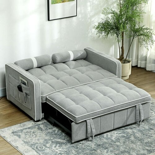 Wyld Haus Tapa Linen Effect Light Grey Upholstered 2 Seater Sofa Bed White Trim
