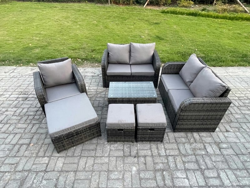 Fimous High Back Rattan Garden Lounge Sofa Set - Dark Grey Mixed Indoor/Outdoor Patio Furniture with Loveseat & Rectangular Coffee Table