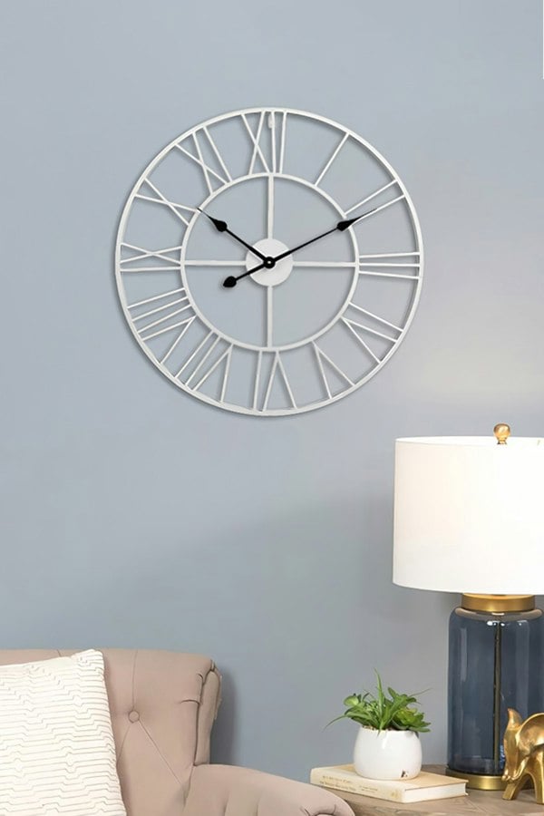 Living and Home 40cm Dia Round White Roman Numeral Skeleton Wall Clock with Black Needle