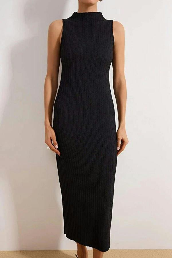 WOVCOR Textured Fabric High Neck Fitted Stretch Maxi Knit Dress