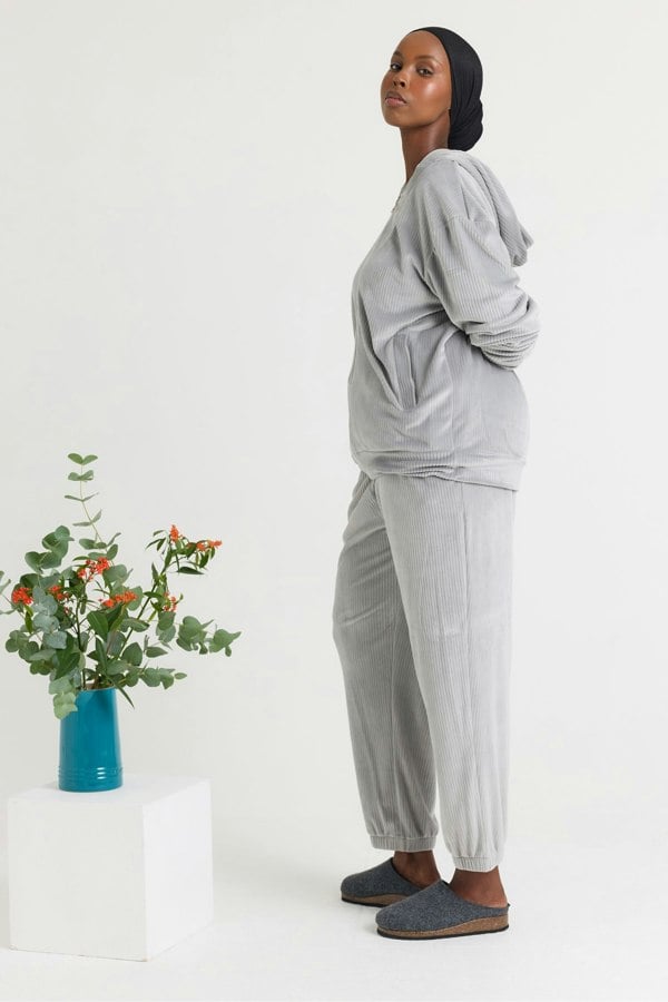Velour Hoody Jogger Set in Grey - Loungewear
