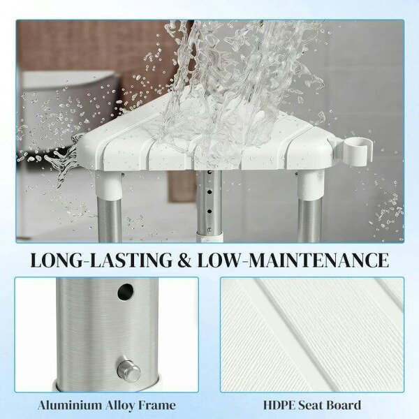 Shower Stool, Aluminium Alloy Corner Shower Chair with Storage Shelf and HDPE Seat, Adjustable Height, White