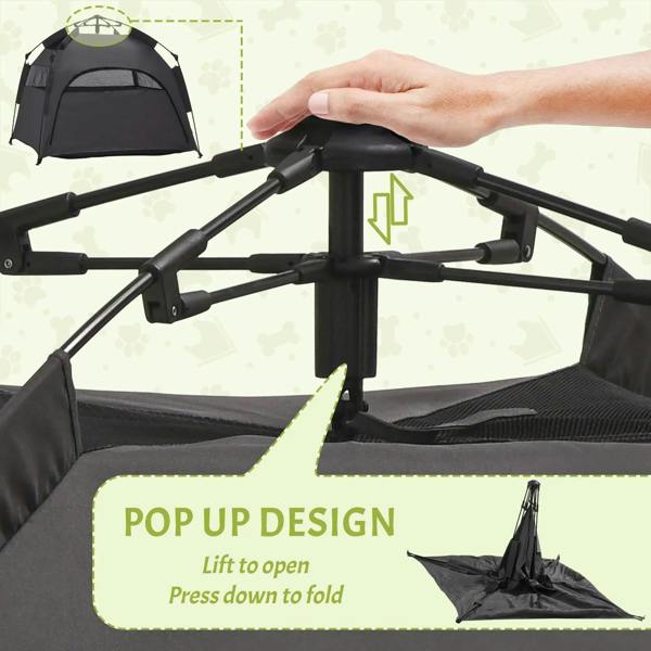 Charcoal gray pop-up pet tent with foldable frame and open top door area