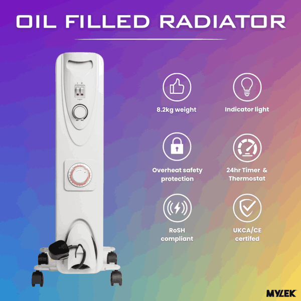 Mylek Oil Filled Electric Portable Heater Radiator with Adjustable Thermostat 2500w With Timer