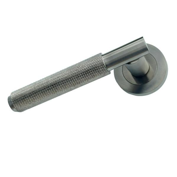 EDH Door Hardware Satin Nickel Knurled Door Handles on Round Rose – Modern Internal Lever Handle