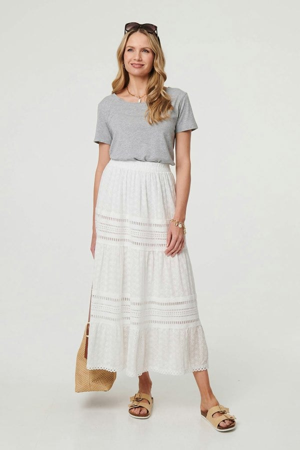 White | Lace Trim High Waist Tiered Maxi Skirt
