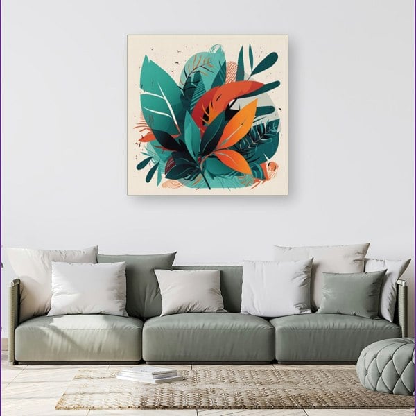 Warren Reed Green Orange Tropical Leaves Canvas