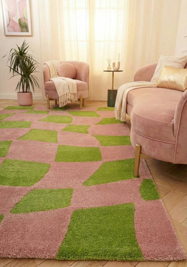 Patterned fabric with green and pink geometric design rug for every room.