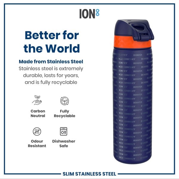 A stainless steel water bottle stands; it's dark blue with orange accents and repeated text, advertising its durability and recyclability.
