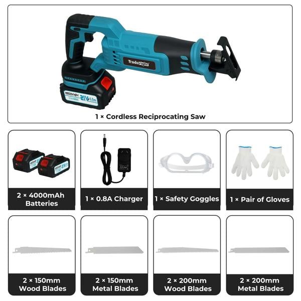 Traderight Cordless Reciprocating Saw Set For Wood Metal 2 Battery Safety Goggle