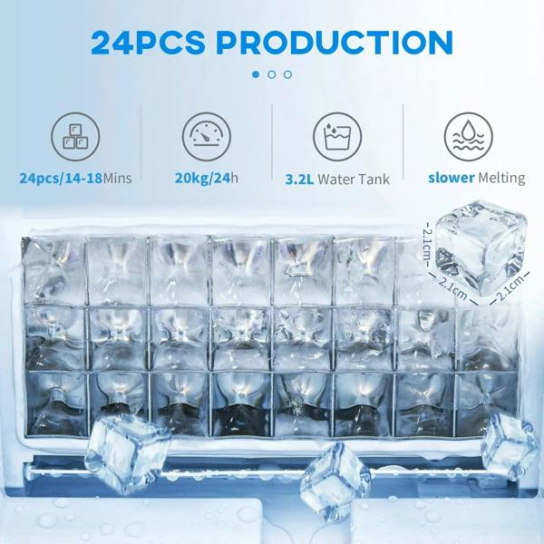 Silver-tone ice machine showing an ice tray filling with ice cubes