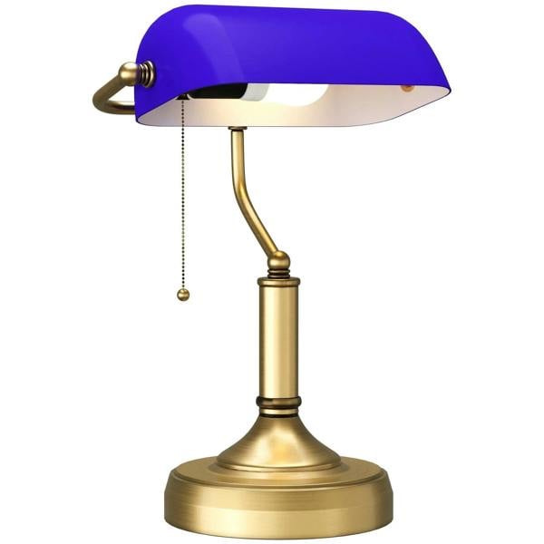 Banker's desk lamp with blue glass dome shade and antique bronze base
