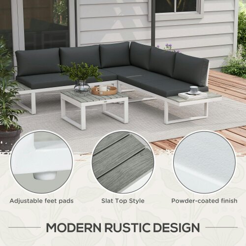 Wyld Haus Vayo Metal White Frame 5 Seater Reclining Corner Garden Sofa Set With Wood Effect Table And Grey Cushions