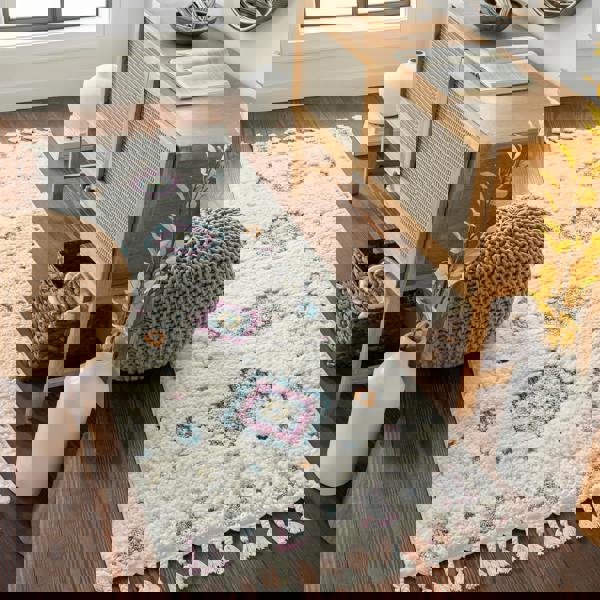 Livabliss Lofty-Shaggy Ivory Pink Blue Vintage Boho Plush Soft Pile Fringe Rug