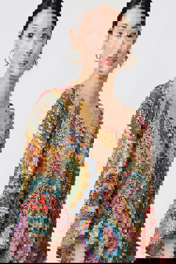 Multi Beige | Kaleidoscope Print 3/4 Sleeve Short Dress
