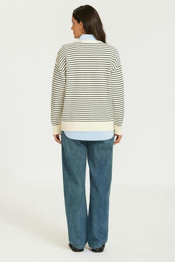FS Collection Little Heart Embroidery Stripe Pattern Jumper Top In White
