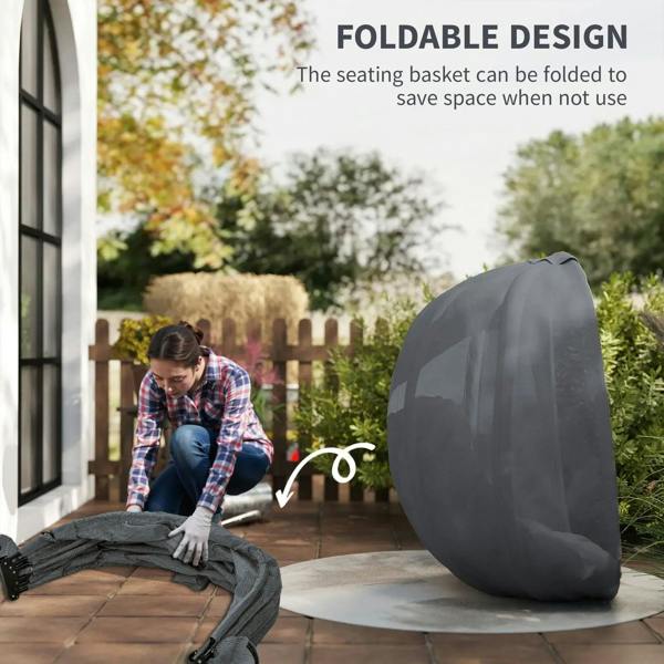 Grey folding egg chair swing hammock with cushioned seat on patio stand