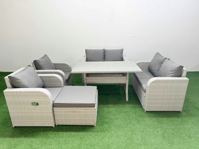 Fimous 7 Seater Outdoor Reclining Chair Love Sofa Set Rattan Garden Furniture Set with Rectangular Dining Table Footstool Light Grey