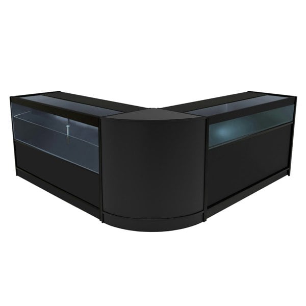 Black Adonis LED Shop Counter Set featuring a sleek, modern design with glass display sections and smooth surfaces, ideal for retail use