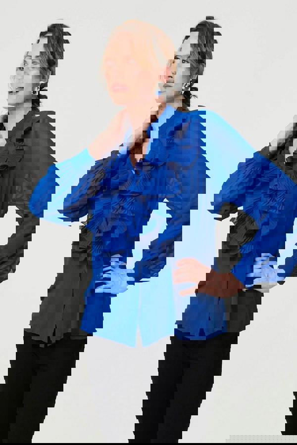 Blue | Sheer Ruffled V-Neck Long Sleeve Blouse
