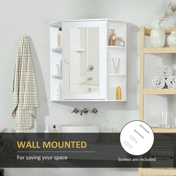 White wall-mounted bathroom cabinet with mirrored door and side compartments, plus interior shelving