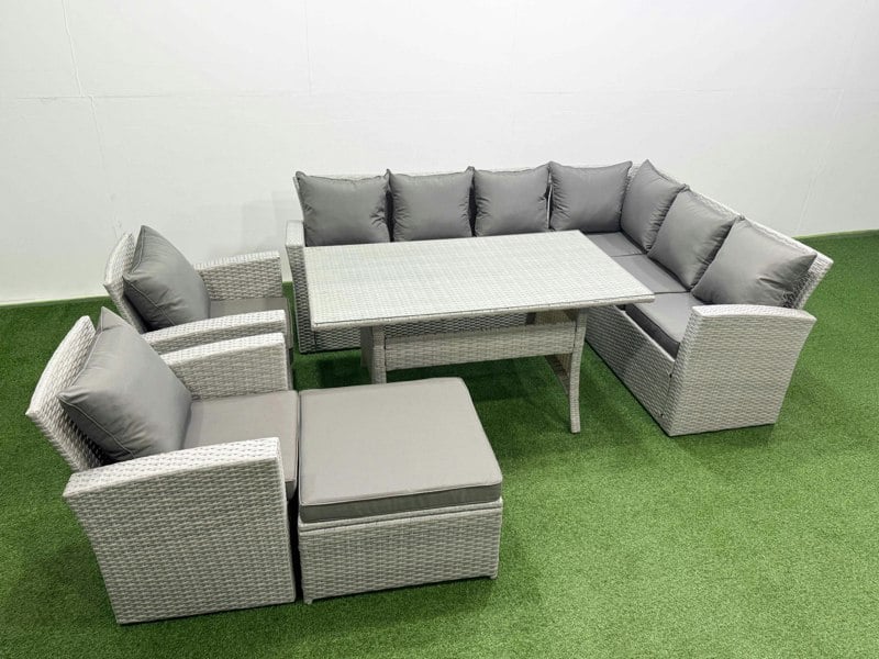 Fimous Rattan Garden Furniture Set Outdoor 9 Seater Patio Dining Corner Sofa Sets with Dining Table Chair Big Footstool Light Grey Mixed