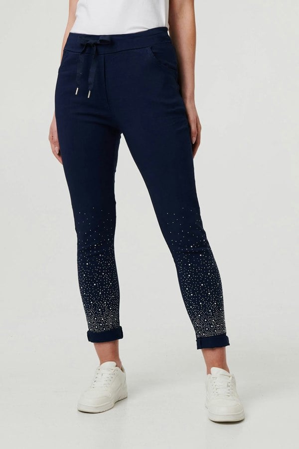 Navy | Diamante Detail Slim Cropped Trousers
