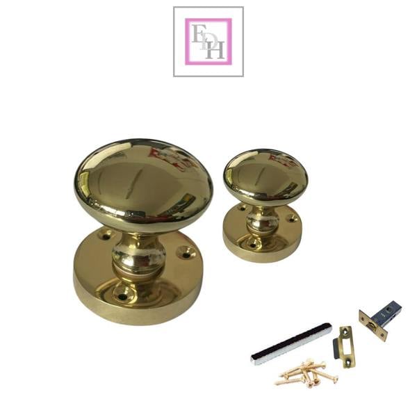 EDH Door Hardware Brass Door Knob Modern Round Rose Door Knob Brass Door Handles 1 Pair + Latch