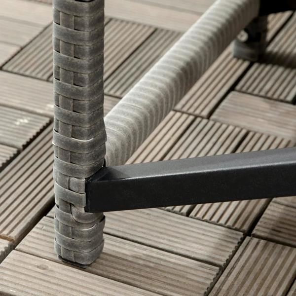 Close-up of grey rattan table leg and black metal crossbar with woven base