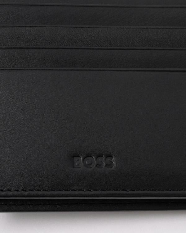 embossed interior logo detail of BOSS Orange Randy Mens Trifold Leather Wallet in Black 001