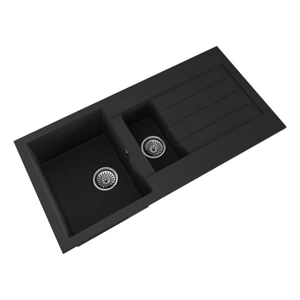 Flode Vänern | 1.5 Bowl Comite Kitchen Sink | Inset with drainer | 1000mm x 500mm | Strainer Wastes Supplied | Matt Black Finish