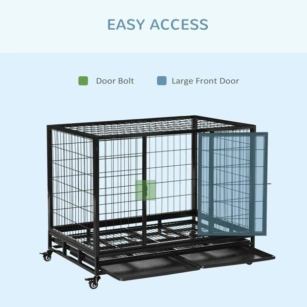 Black metal dog crate with large front door and wire mesh sides on wheels