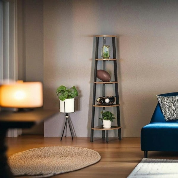 Modcraft Rustic 5-Tier Corner Ladder Shelf – Industrial Bookcase & Plant Stand