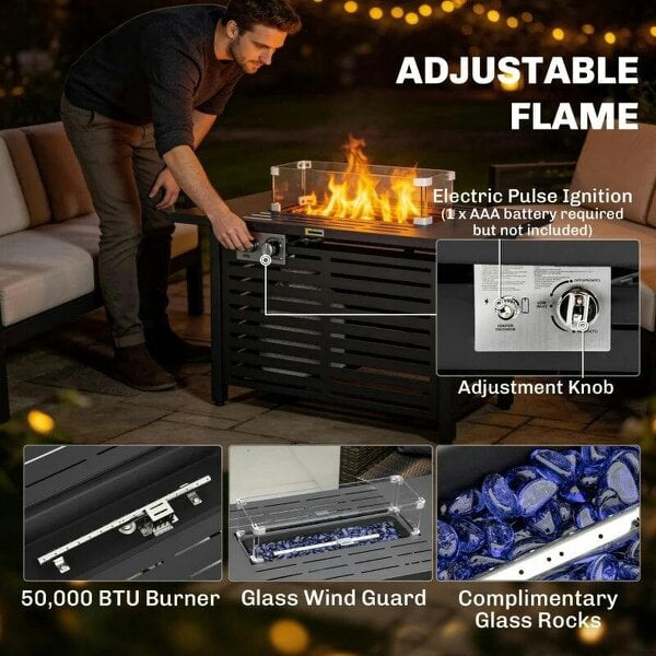 Bobobiy Propane Gas Fire Pit Table, Outdoor Firepit with 43" Steel Tabletop and Lid, 000 BTU Pulse Ignition Fire Table with Stainless Steel Burner