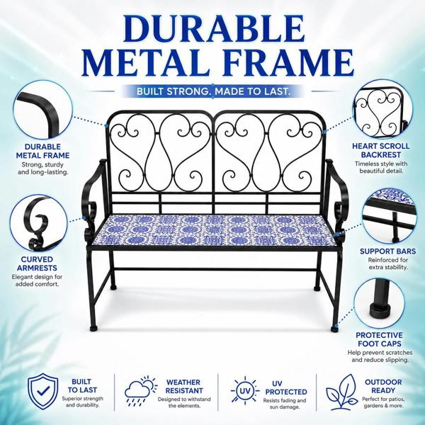Porto Mosaic 2 Seater Garden Bench, 112cm Outdoor Patio Seat with Ceramic Tile Seat, Scrollwork Backrest & Metal Frame image 6