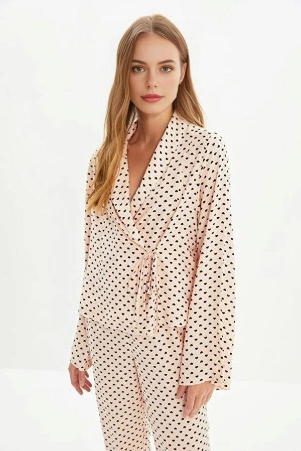 WOVCOR 2-Piece Heart Print Viscose Woven Pajama Set with Tie Detail