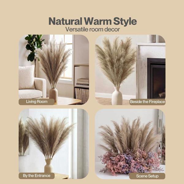 Santaco Pampas Grass Artificial 3Pcs 116cm Handcrafted Faux Silk Vase Brown