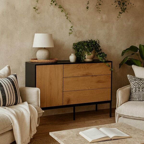 Wyld Haus El Paso Black Metal and Wild Oak Veneer 1 Door 3 Drawer Small Sideboard