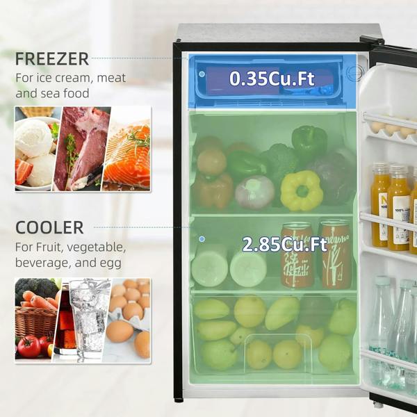 Black mini fridge with open door showing chilled compartment and inner shelves