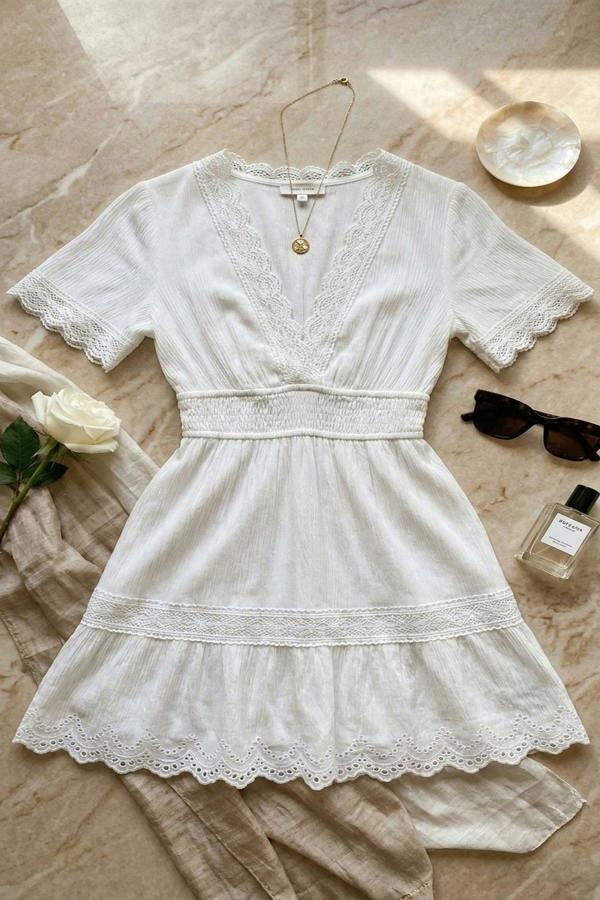 Serina Short Sleeve Deep V-neck Mini Dress With Open Back And Lace Trim - White