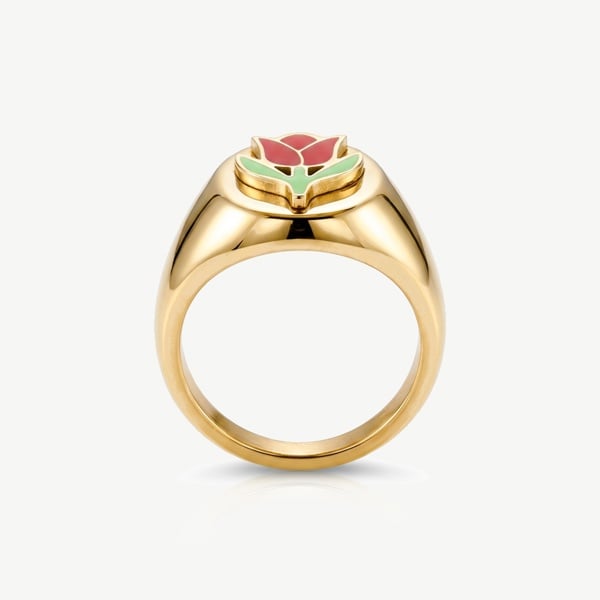 MUCHV Big Signet Ring With Enamel Red Rose Flower