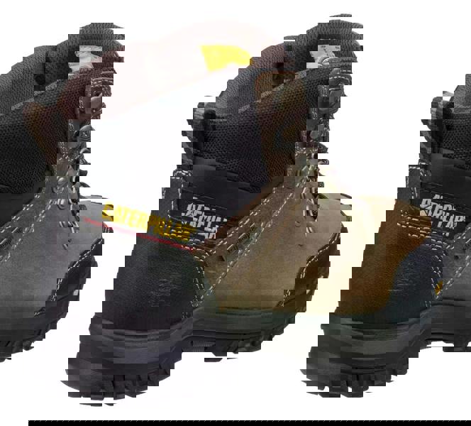 Caterpillar Framework Mens Steel Toe/Composite Midsole S3 Work Safety Boots, durable brown and black leather work boot with steel toe, composite midsole, waterproof feature, and rugged sole designed for safety and comfort.