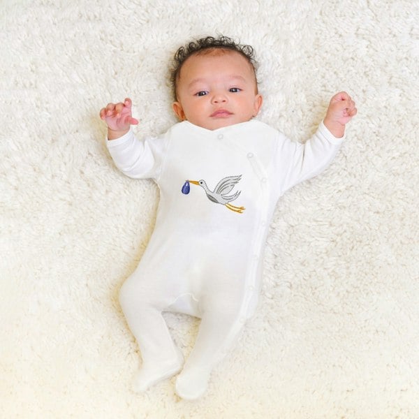 Stork embroidered Footie with side snap for easy change