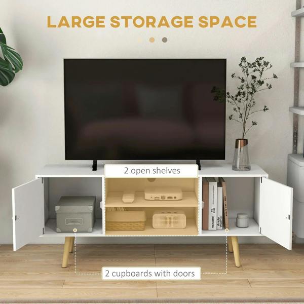 White TV stand cabinet with two open shelves and two enclosed cupboards with doors.