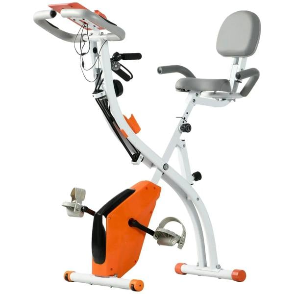 Orange and white folding exercise bike with arm resistance bands and pulse sensor