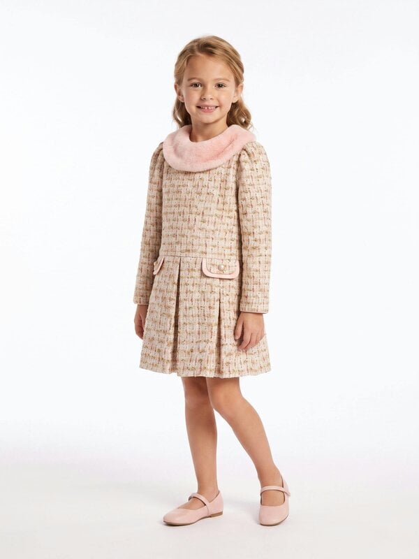 DRESS & Fleur Girls Long Sleeved Tweed Dress in Pink