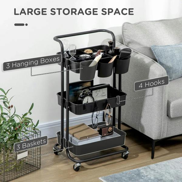 Black three-tier storage trolley with hanging baskets, hooks, and two lower shelves