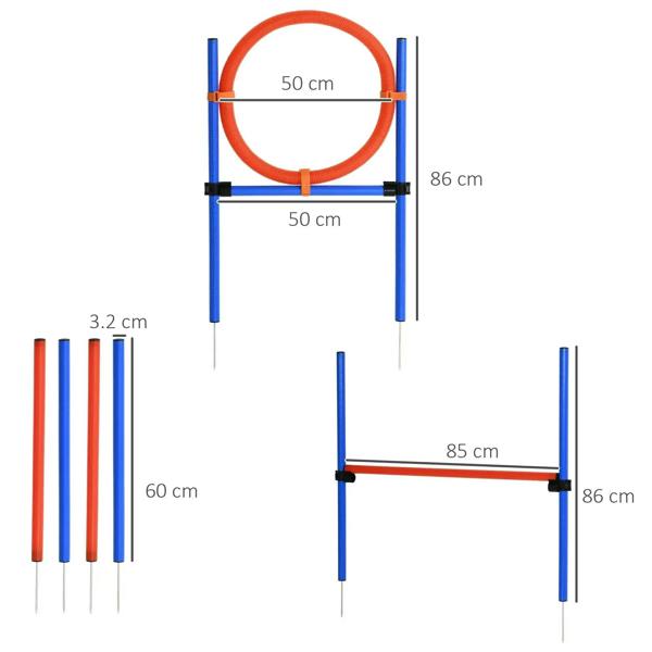 Adjustable jump ring with orange hoop and blue support poles plus red hurdle bar