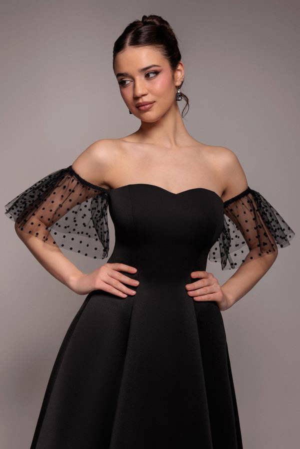 Scuba & Polka Mesh Off The Shoulder Midi Dress - Black DR5016